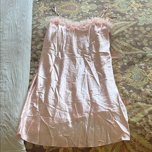Pink Satin Slip Dress with Lace Trim